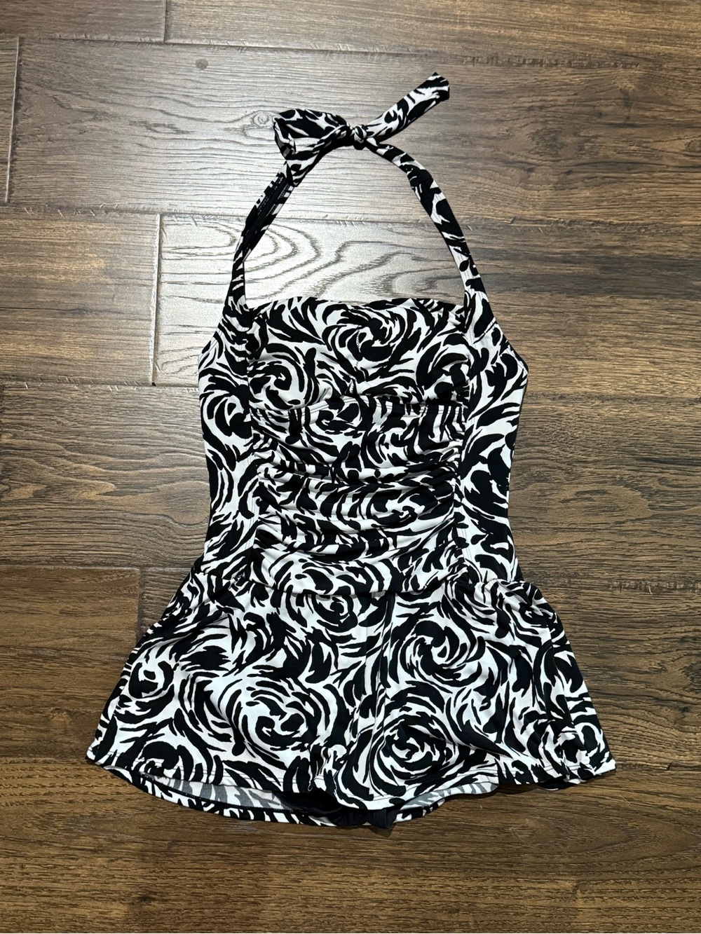 Catalina Black & White Halter One-Piece Swimsuit with Skirted Bottom